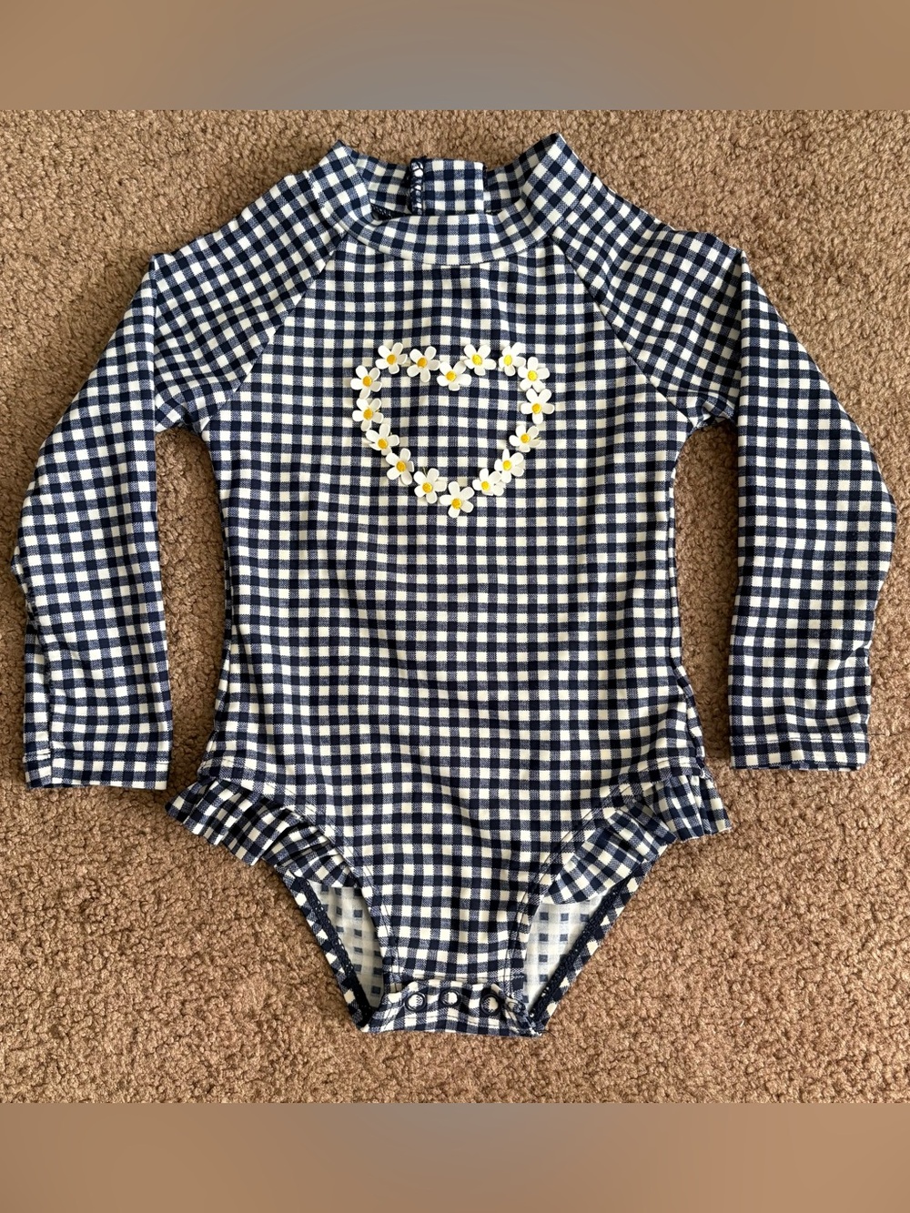 Little Me Navy & White Gingham Long-Sleeve Toddler Swimsuit with Daisy Heart